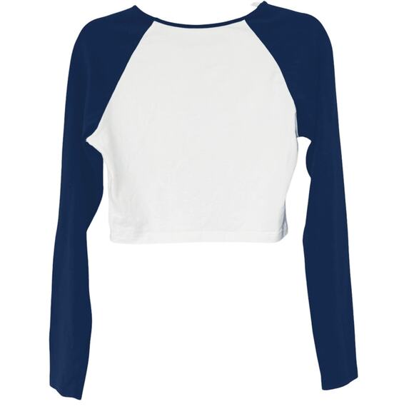 Y2K Crew Neck Long Sleeve Baby Tee Pullover Shirt White Navy Blue Medium - Picture 3 of 5